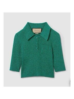 NWT Gucci- Emerald Rib Lamé Cropped Polo Shirt SZ L Green 100% Authentic